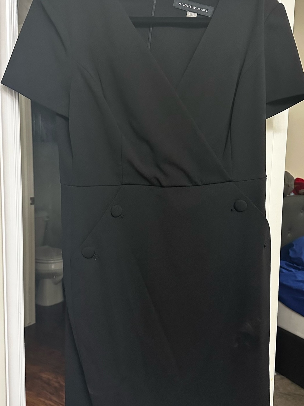 Andrew Marc Black V-Neck Wrap Midi Sheath Dress